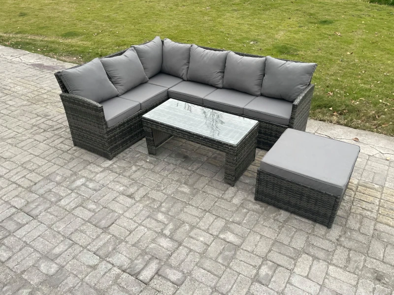 Image of Fimous 7 Seater Outdoor Rattan Garden Furniture Set Corner Sofa Oblong Coffee Table Sets with Patio Big Footstool Dark Grey Mixed Dark Grey