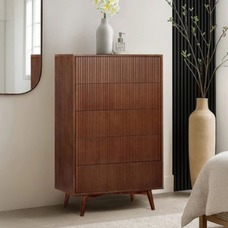 Image of Teamson Home Tremolo Chest Of Drawers 5 Fluted Push-Open Drawer Bedroom Dresser, Walnut