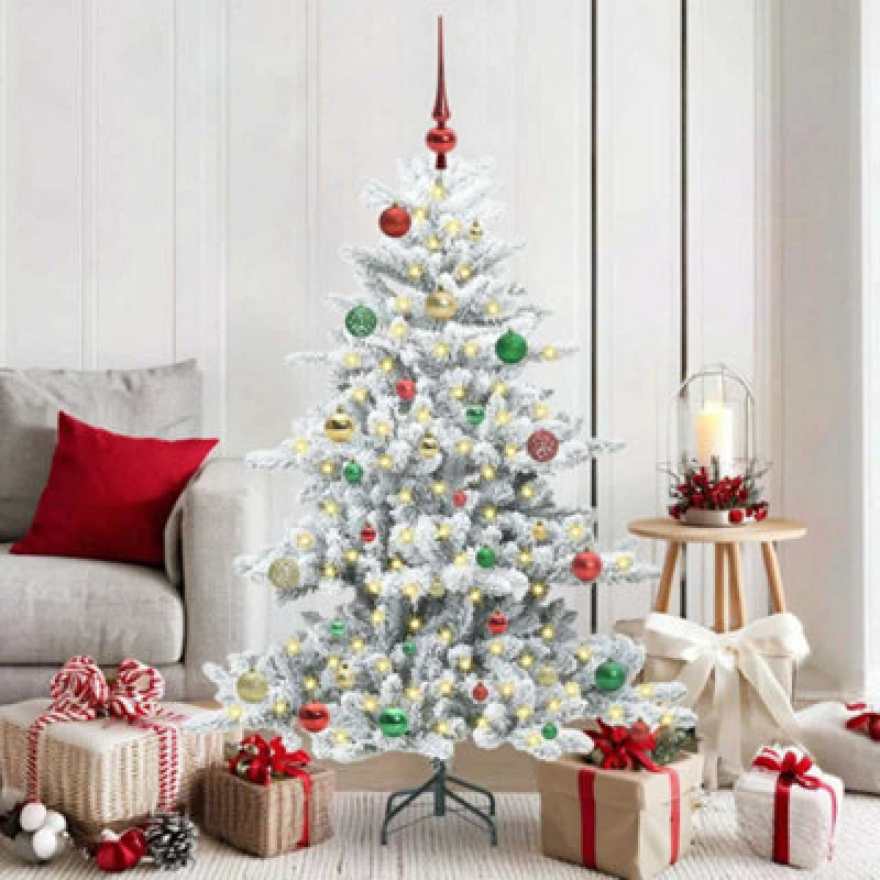 Image of vidaXL Artificial Hinged Christmas Tree with 150 LEDs, Multicolour Balls Snow Flocked 150cm PVC, Green 3397713