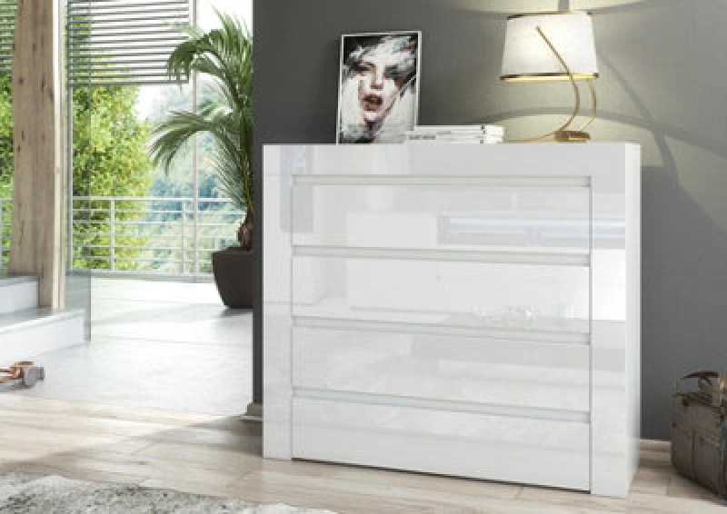 Image of Furneo Modern White 4 Drawer Chest Of Drawers Cabinet Storage Matt & High Gloss Clifton 17