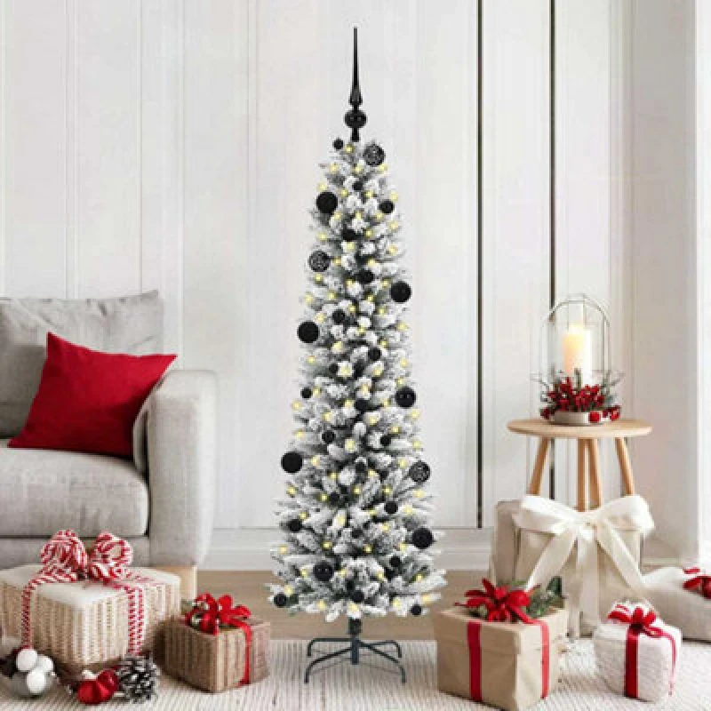 Image of vidaXL Artificial Christmas Tree with 150 LEDs, Black Balls Green and white 150 cm, Green 3396094