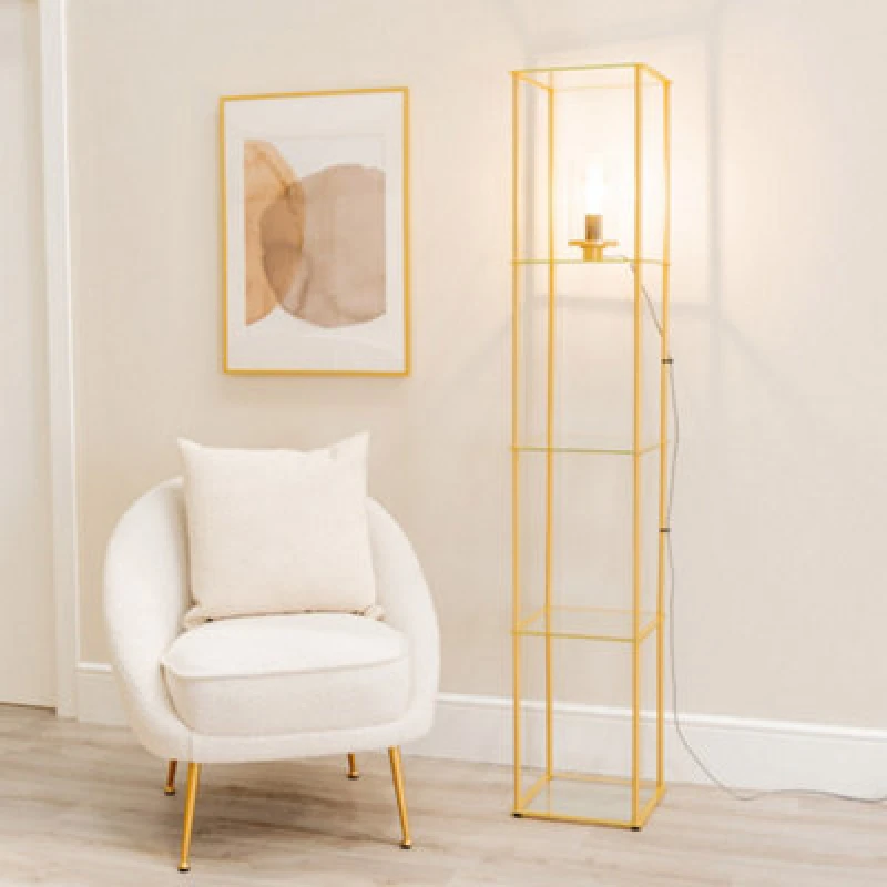 Image of ValueLights Gobie Metal Frame with Glass Storage Shelf Floor Lamp Gold
