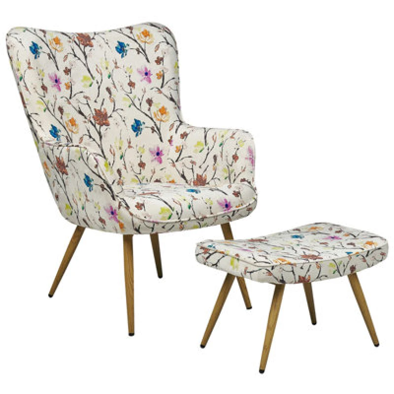 Image of Beliani Wingback Chair With Footstool Floral Pattern Cream Vejle Ii