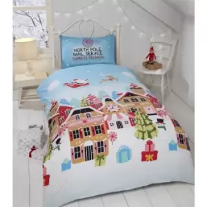 Image of Gingerbread Town Toddler Junior Duvet Cover Set Childrens Christmas Bedding Set - Blue - Rapport