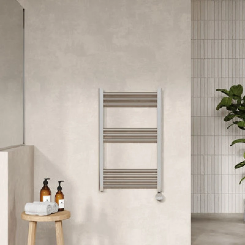 Image of FNX Bathrooms Electric Round Tube Towel Rail 10 Bars 800mm X 500mm Chrome 877 Btu 450 Centres