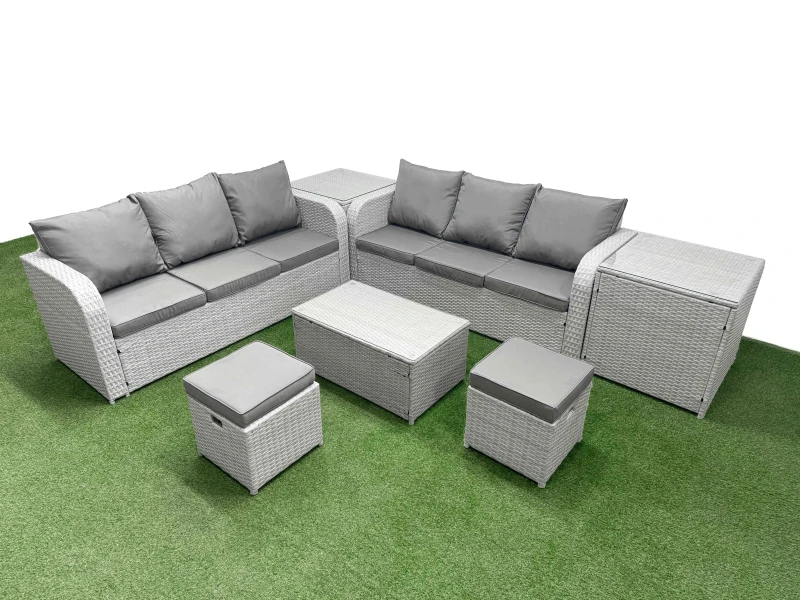 Image of Fimous Outdoor Garden Furniture Sets 8 Seater Wicker Rattan Furniture Sofa Sets with Rectangular Coffee Table high Back Lounge Sofa Stools 2 Side Tabl