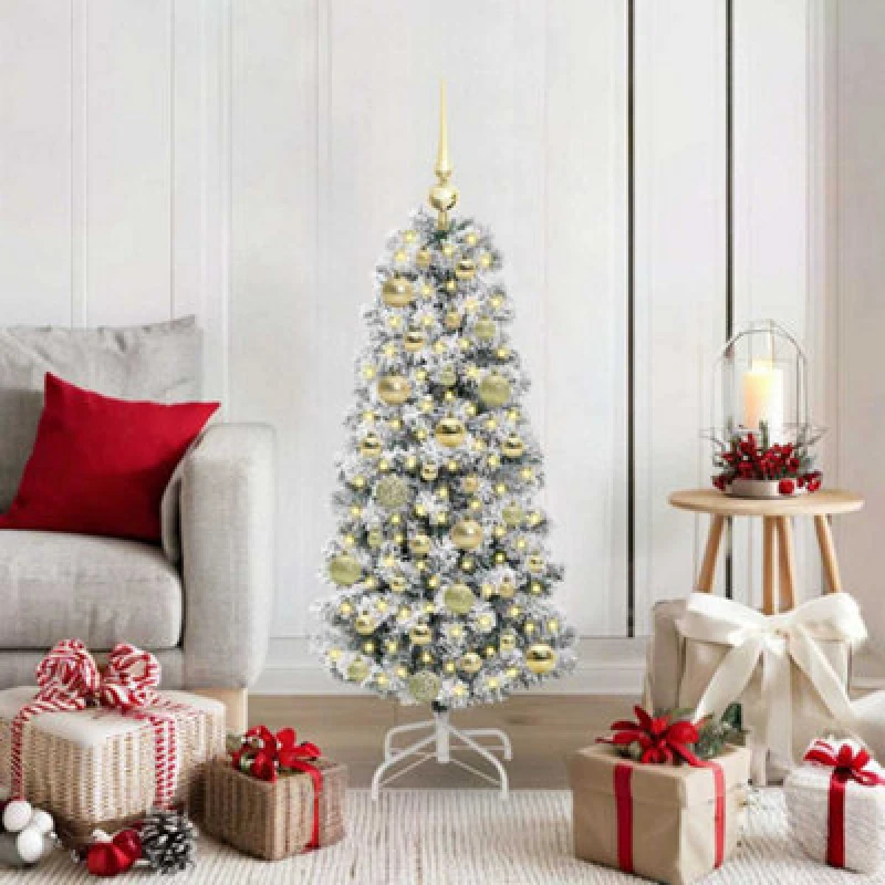 Image of vidaXL Artificial Hinged Christmas Tree with Gold Balls Green and white 120 cm, Green 3395581