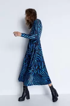 Image of Zebra Print Velvet Funnel Neck Midi Dress