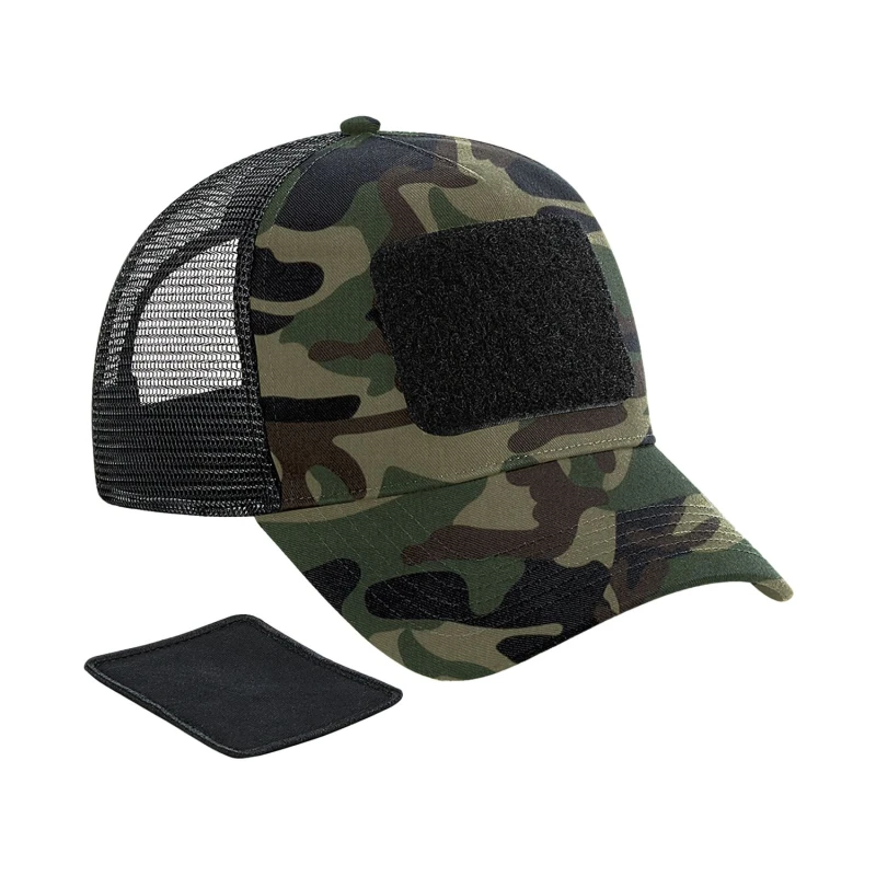 Image of Beechfield Mens Camo Snapback Trucker Cap in Dark Green Dark Green Male One Size