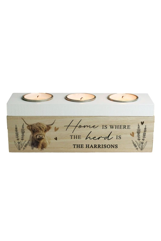 Image of Personalised Memento Company Personalised Highland Cow Triple Tea Light Box Light Brown