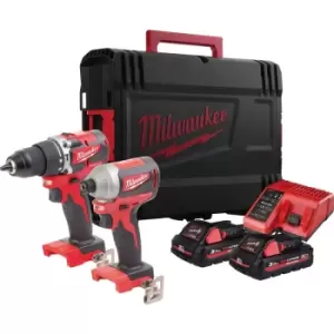 Image of Milwaukee M18CBLPP2F-302X 18V Compact Brushless Combi and Impact Driver Twin Kit 2 x 3.0Ah High Output