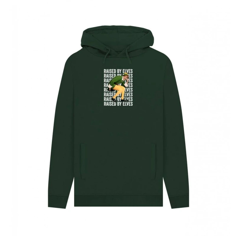 Image of Elf Mens Raised By Elves Graphic Hoodie in Bottle Green Size: Small Bottle Green Male S