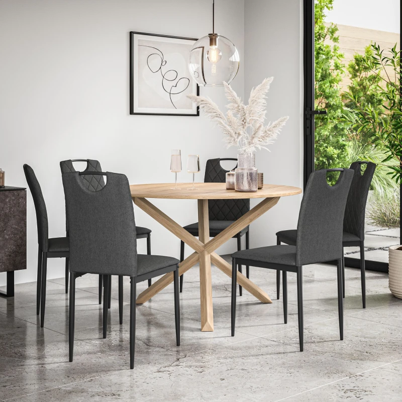 Image of More4Homes Malvern Round Dining Table And Chairs - Oak Table Top W Solid Oak Legs + Monza Fabric Dining Chair Set Of 6 (Charcoal)