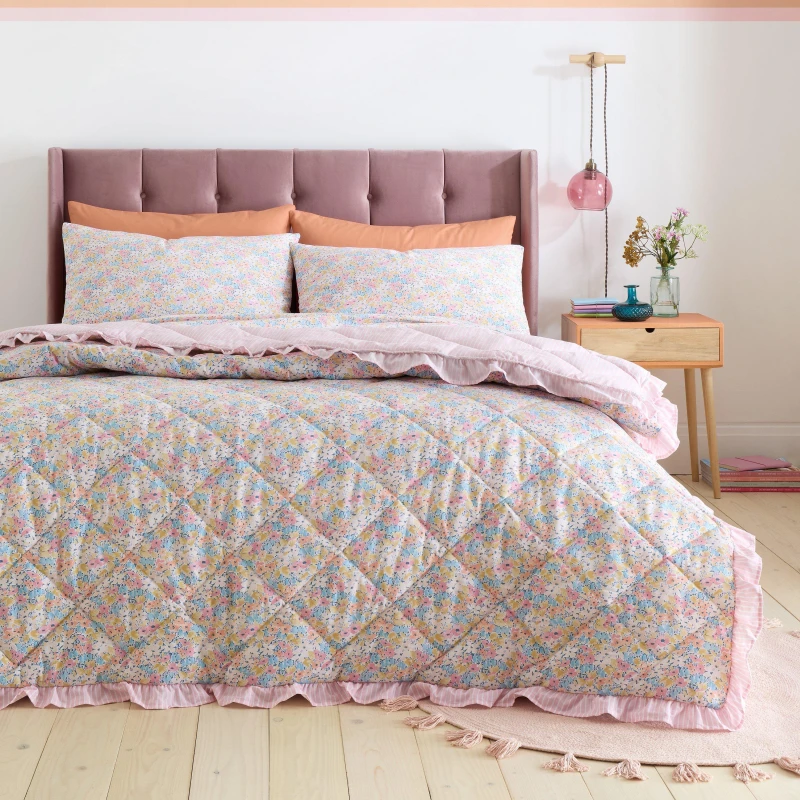 Image of Catherine Lansfield Darcy Floral Reversible 220cm x 230cm Bedspread Set Pink