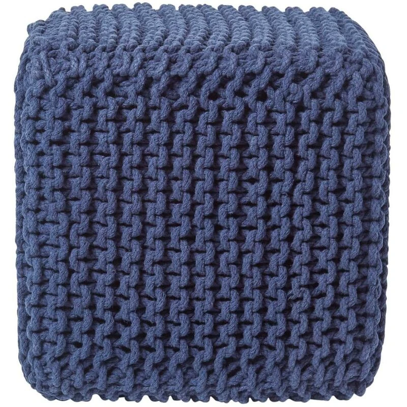 Image of Homescapes Cube Cotton Knitted Pouffe Footstool Navy