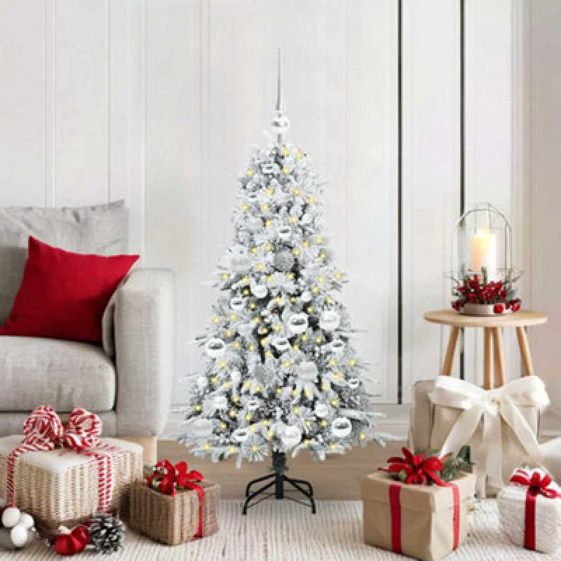 Image of vidaXL Artificial Hinged Christmas Tree with Silver Balls Snow Flocked Green 120cm PE and PVC, Green 3397463