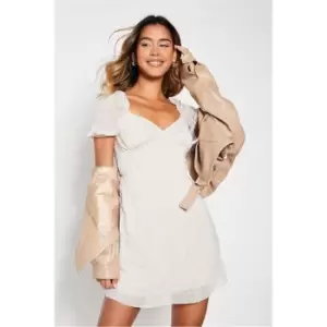 Image of I Saw It First Dobby Mesh Short Puff Sleeve Skater Dress - Brown