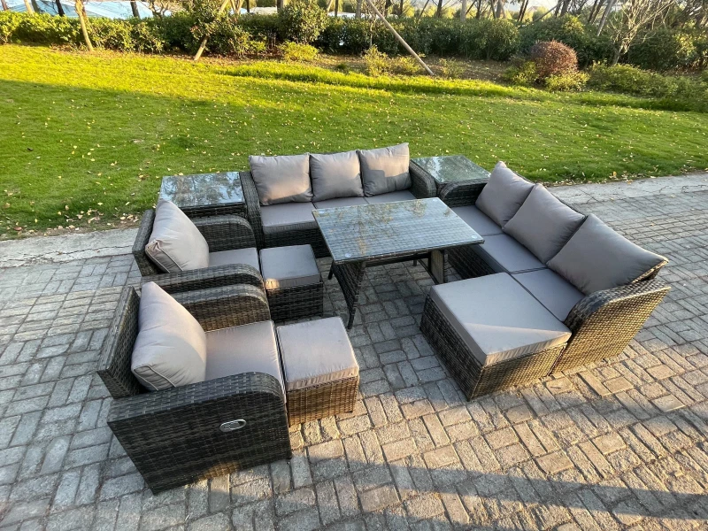 Image of Fimous 11 Seater Rattan Outdoor Garden Furniture Sofa Set Patio Table & Chairs Set with 3 Seater Sofa Rectangular Dining Table 3 Footstool Dark Grey