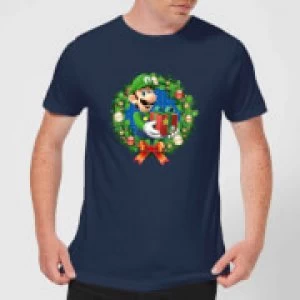 Image of Nintendo Super Mario Luigi Christmas Present Wreath Navy T-Shirt - M - Navy