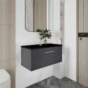 Image of Hudson Reed Juno Wall Hung 1-Drawer Vanity Unit with Sparkling Black Worktop 800mm Wide - Graphite Grey