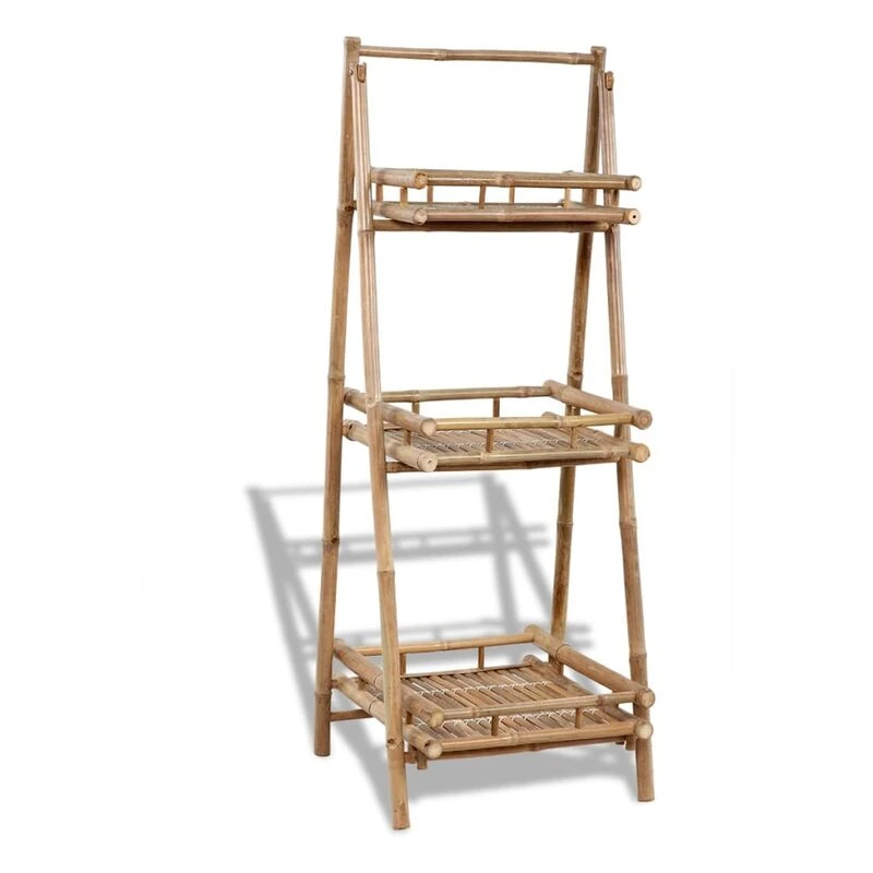 Image of 3-Tier Folding Bamboo Plant Rack Stand Patio Garden Beach Outdoor Shelves