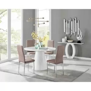 Image of Furniture Box Palma White High Gloss Round Dining Table and 4 Cappuccino Milan Chrome Leg Chairs