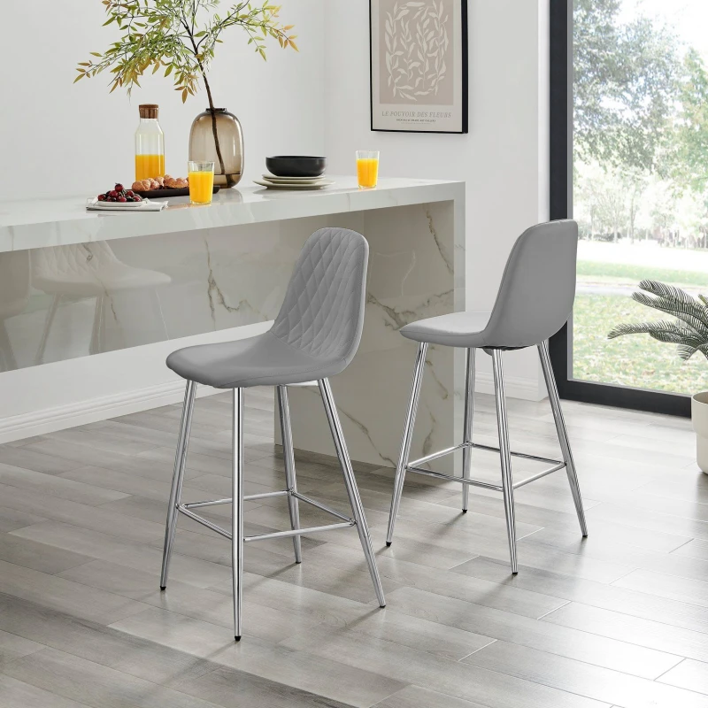 Image of FurnitureboxUK FurnitureboxUK Corona Set of 2 Bar Stools - Faux Leather Bar Chair With Silver Legs - Kitchen Island Stool in Grey Grey One Size Unisex