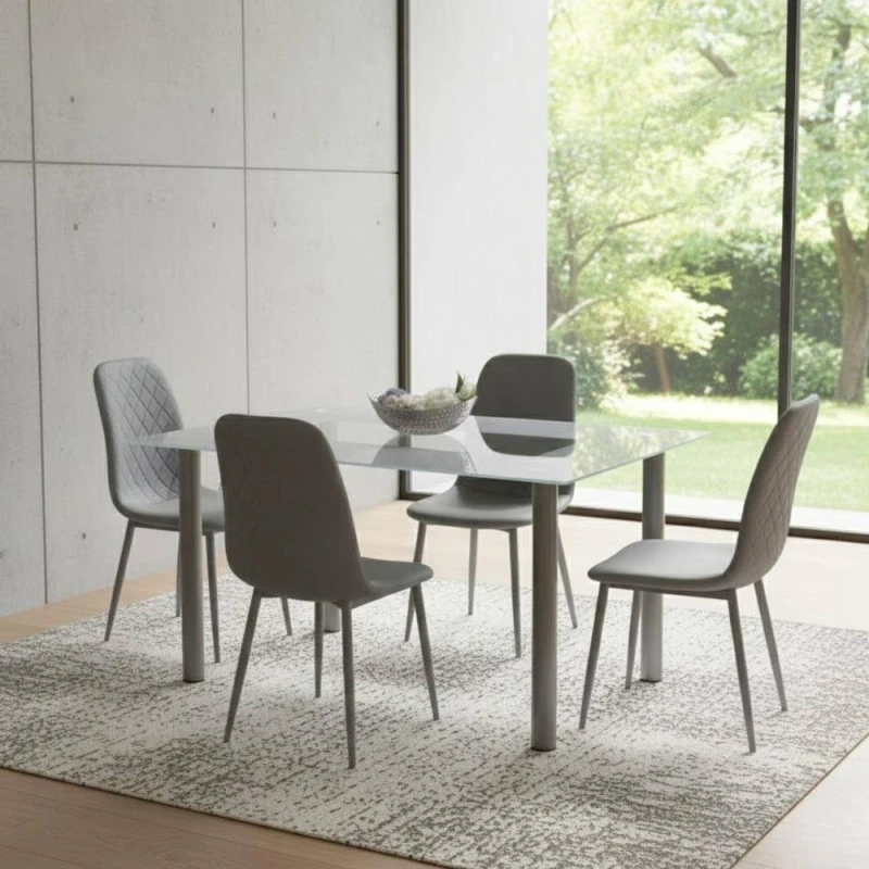 Image of KOSY KOALA Grey Glass Dining Table Set With 4 Chairs Kitchen Dining Furniture Grey Unisex