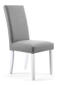 Image of Set Of 2 Silver Grey Studded Linen Dining Chairs With White Wooden Legs