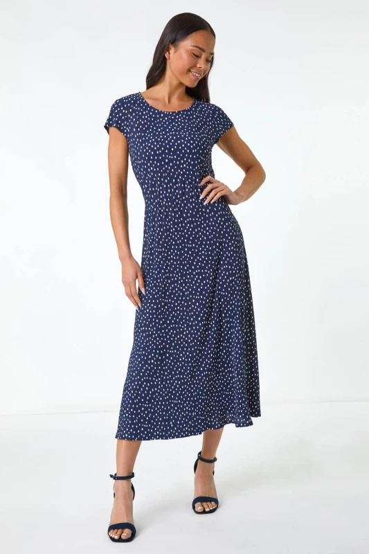 Image of Roman Womens Petite Spot Print Crinkle Midi Dress in Navy Size: 18 Navy Female 18