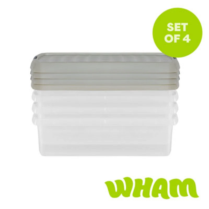 Image of Wham Clip 4 X 7L Rectangular Plastic Storage Boxes With Clip Lock Lids. Ideal For Home, Office, Toys & More - Clear/stone