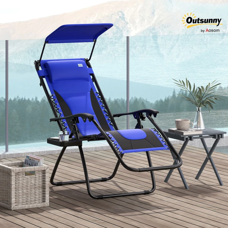 Image of Outsunny Zero Gravity Lounger Chair, Folding Reclining Patio Chair with Shade Cover Dark Blue