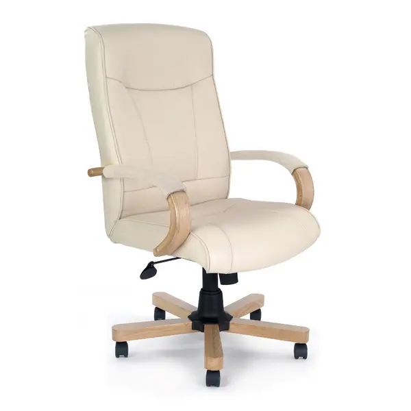 Image of Troon High Back Executive Chair With Oak Effect Arms & Base - Cream