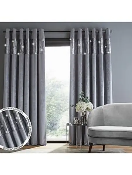 Image of Catherine Lansfield Crushed Velvet Glamour Sequin Fully Lined Eyelet Curtains In Grey Grey TG9WC Unisex 229x229cm(90x90inches)