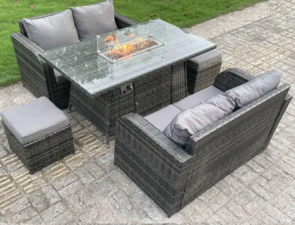 Image of Fimous 4 Seater Outdoor Dark Grey Rattan Lounge Complete Sofa Set with Gas Fire Pit Table and 2 Stools