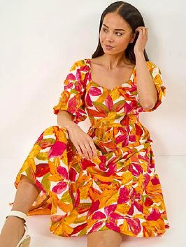 Image of Roman Womens Petite Floral Puff Sleeve Tiered Dress in Orange Size: 10 Orange Female 10