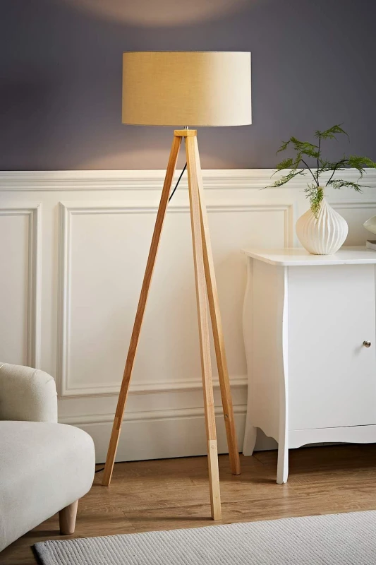 Image of ValueLights ValueLights Barbro Light Wood Tripod Floor Light Lamp with Reni Drum Shade in Natural Natural One Size Unisex 5059406035067