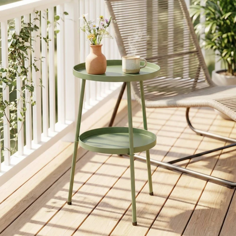 Image of OUTSUNNY Patio Side Table, 2-Tier Round Coffee End Table in Light Green Light Green Unisex