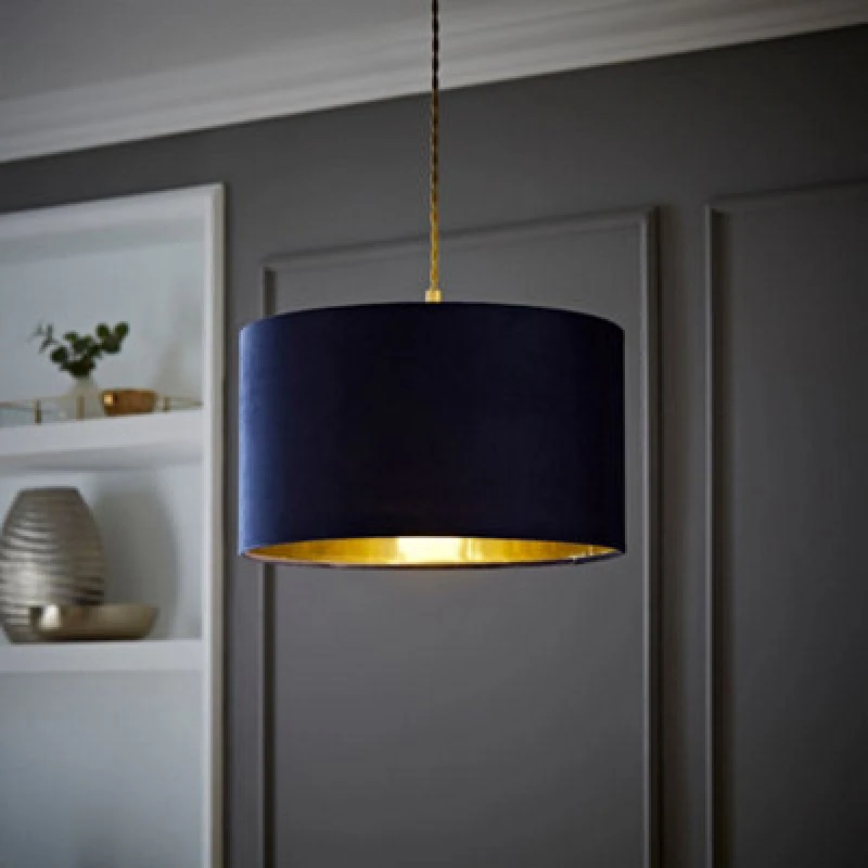 Image of ValueLights ValueLights Reni Navy Velvet with Metallic Gold Inner Easy Fit Ceiling Lamp Shade in Dark Navy Size: Medium Dark Navy Medium Unisex 5016