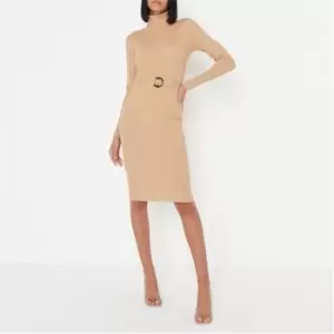 Image of Missguided Roll Neck Ribbed Midi Dress - Neutral