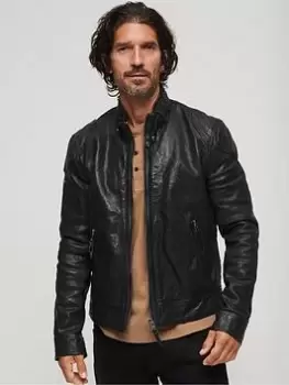 Image of Superdry Leather Racer Jacket - Black, Size S, Men