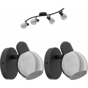 Image of Quad Ceiling Spot Light & 2x Matching Wall Lights Black Vaporized Glass Shade