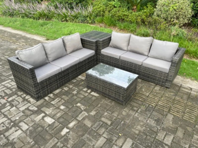 Image of Fimous 6 Seater Rattan Garden Furniture Set Outdoor Patio Sofa Set with Oblong Coffee Table Side Table Dark Grey Mixed Dark Grey