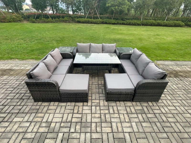 Image of Fimous Wicker PE Rattan Sofa Outdoor Garden Furniture Set with Rectangular Dining Table 2 Big Footstool 2 Side Tables Dark Grey Mixed Dark Grey Unisex