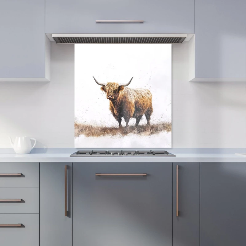 Image of Warren Reed - Designer Highland Cow Watercolour Kitchen Splashback in Brown Size: 700mm x 750mm Brown Unisex 700mm x 750mm