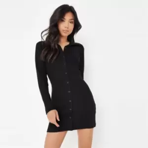 Image of Missguided Button Down Collared Mini Dress Ls Rib - Black