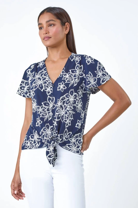 Image of Roman Womens Textured Floral Print Tie Front Top in Navy Size: 10 Navy Female 10