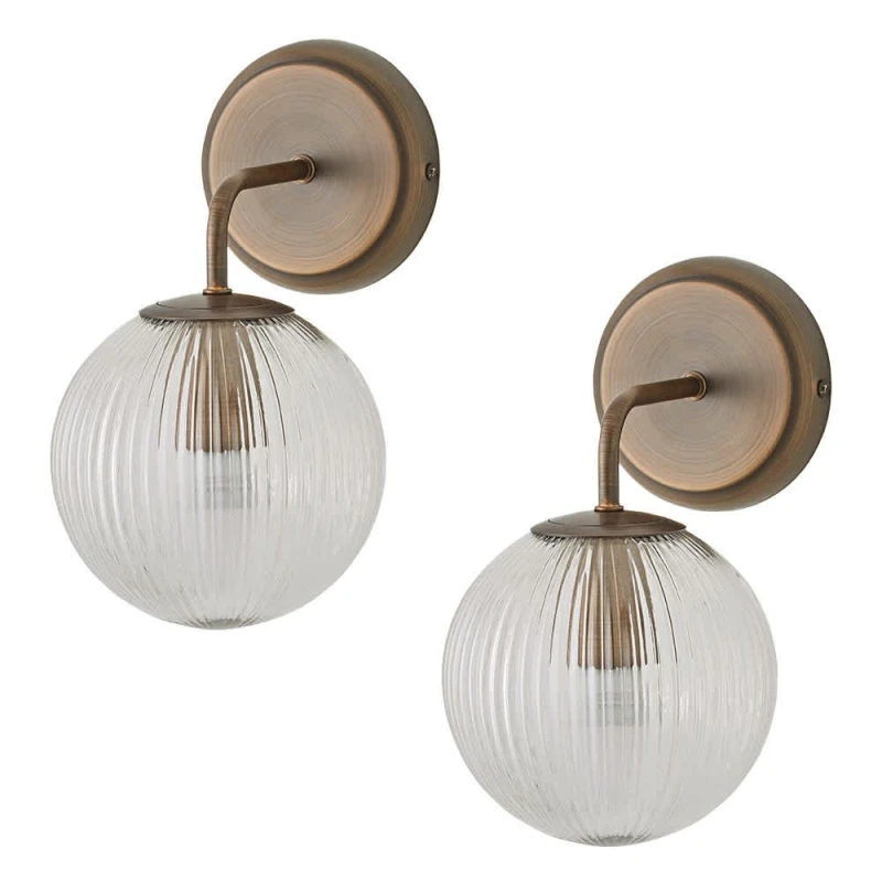 Image of ValueLights ValueLights Kempton Pair of Ribbed Glass Globe Shade Single Arm Wall Lights in Bronze Bronze One Size Unisex 5059406068355