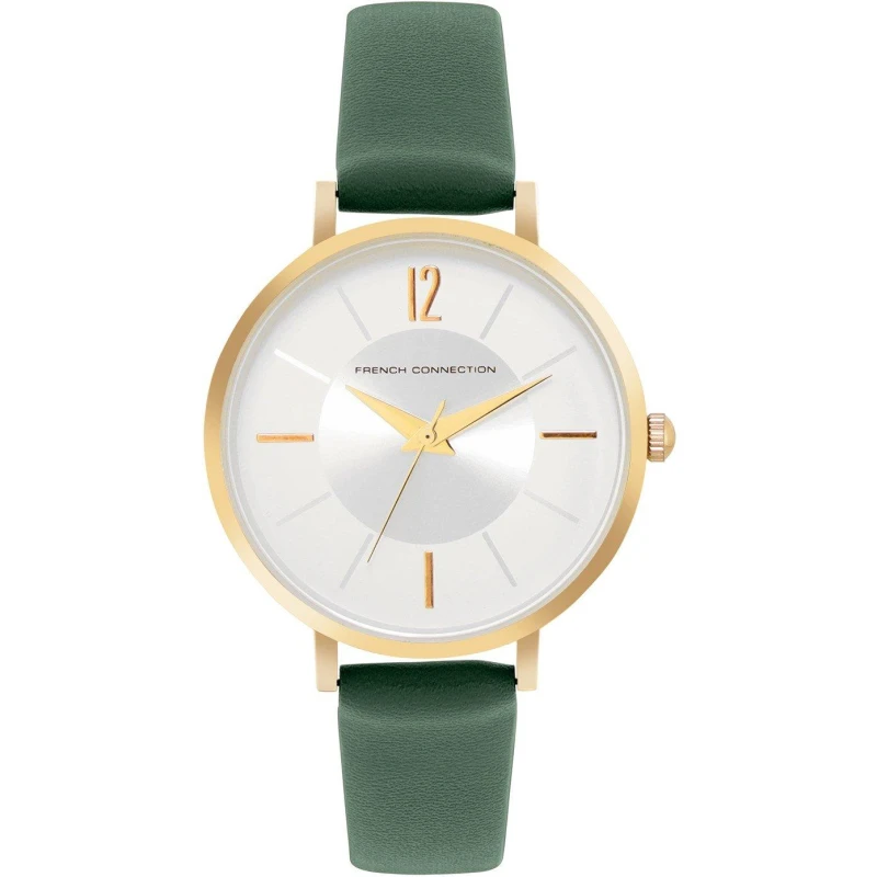 Image of French Connection Rose Case Round Shape Green Strap Quartz Watch Silver female One Size