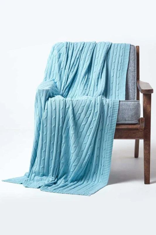 Image of Homescapes Cotton Cable Knit Pastel Blue Throw, 150 X 200 Cm